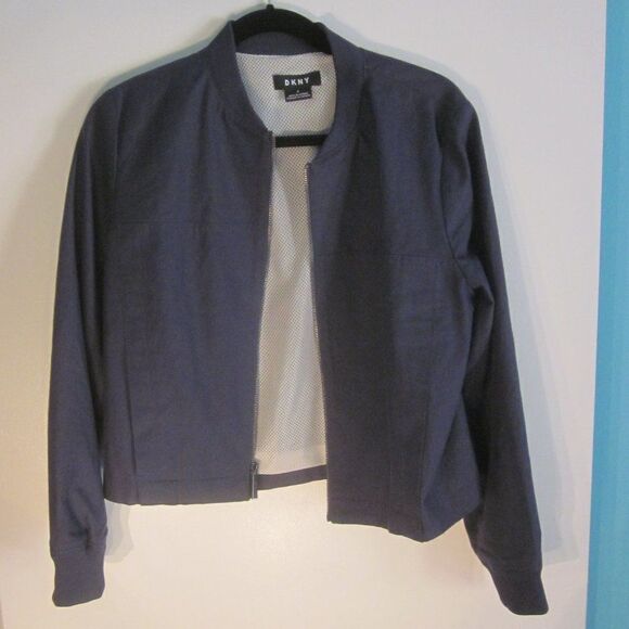 DKNY Womens Size M Navy Blue Cotton Bomber Style Blazer Work or Casual Jacket  - Picture 1 of 12